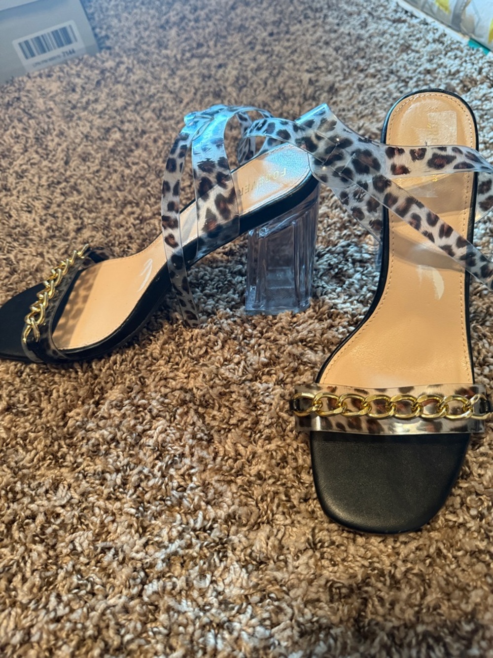 Forever 21 Leopard Print Clear Strap Block Heels with Gold Chain